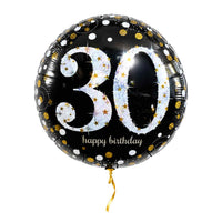 30 Jaar Ballon Zwart/Zilver/Goud – met helium gevuld, met gouden lint