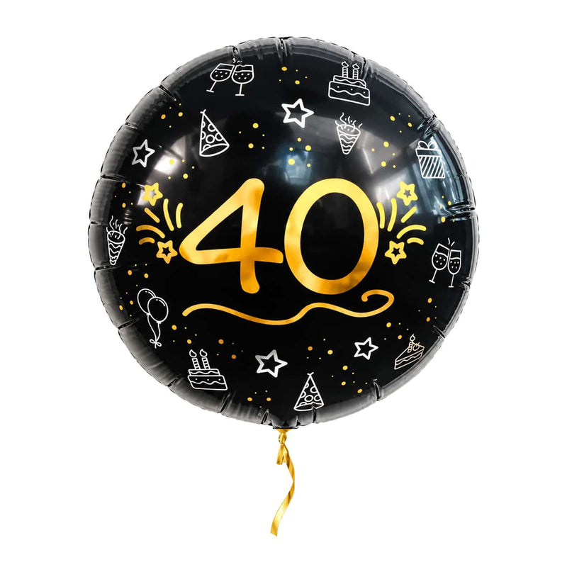 40 Ballon Zwart/Zilver/Goud – met helium gevuld, met gouden lint