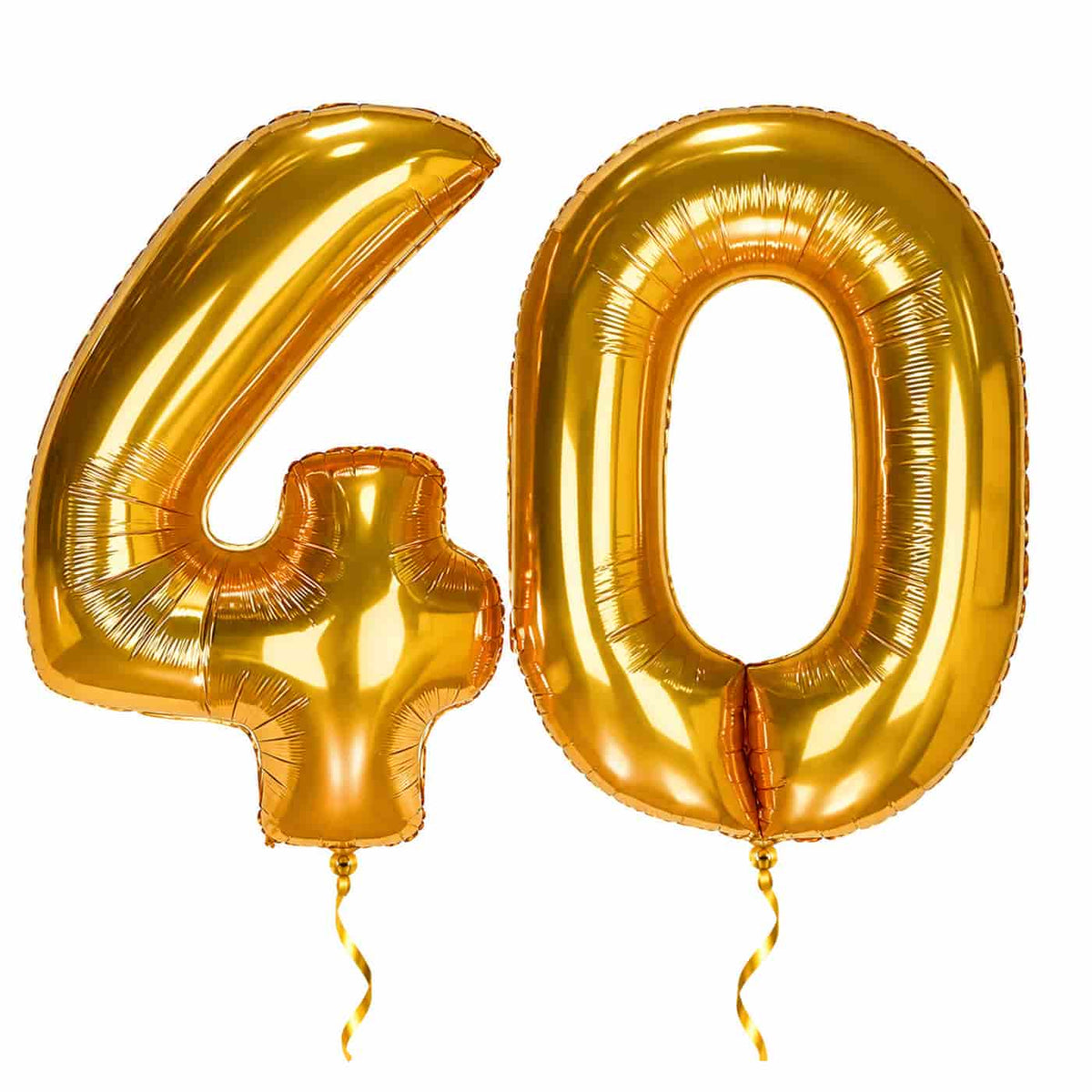 40 Jaar Cijfer Ballonnen Goud – heliumgevulde ballonnen met dunne gouden lintjes op een witte achtergrond