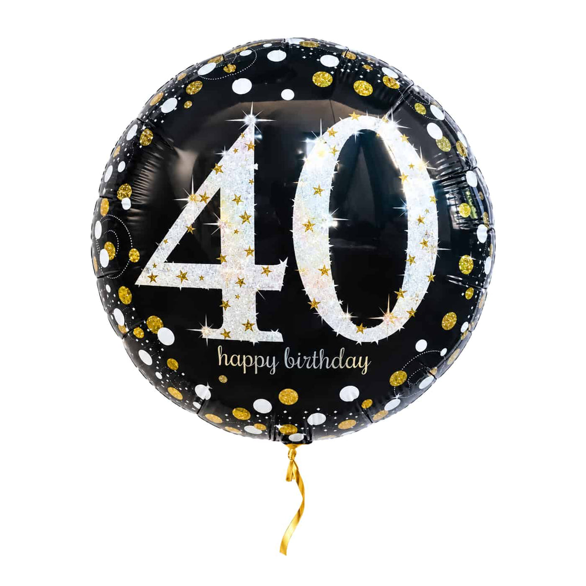 40 Jaar Ballon Zwart/Zilver/Goud – met helium gevuld, met gouden lint