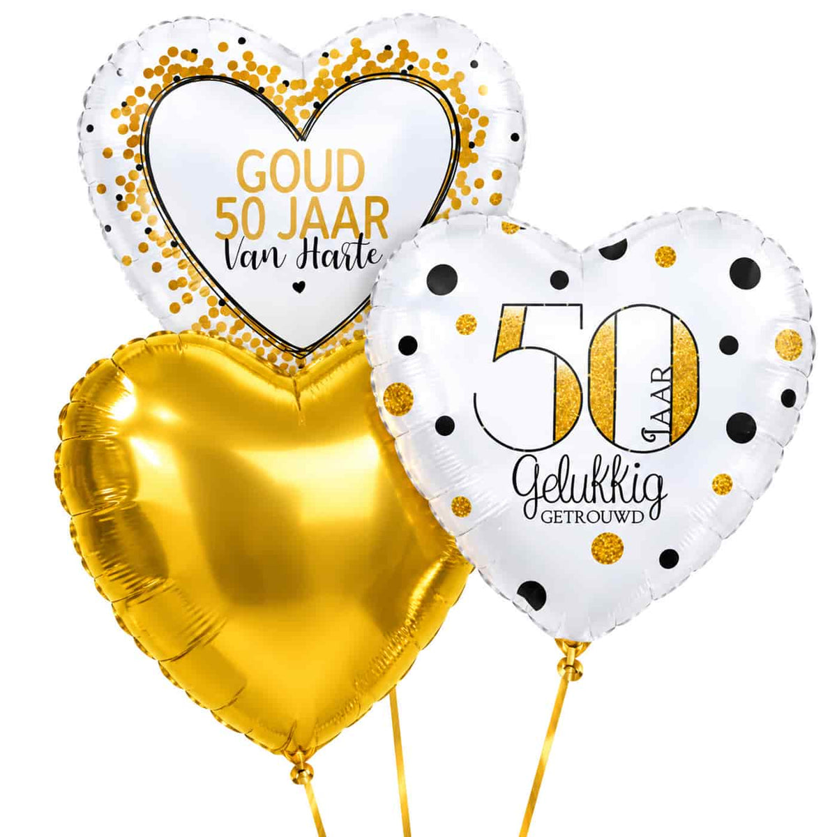 50 Jaar Getrouwd Trosje Goud – heliumgevulde ballonnen met dunne gouden lintjes op een witte achtergrond