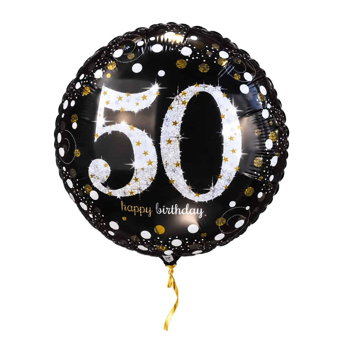 50 Jaar Ballon Zwart/Zilver/Goud – met helium gevuld, met gouden lint