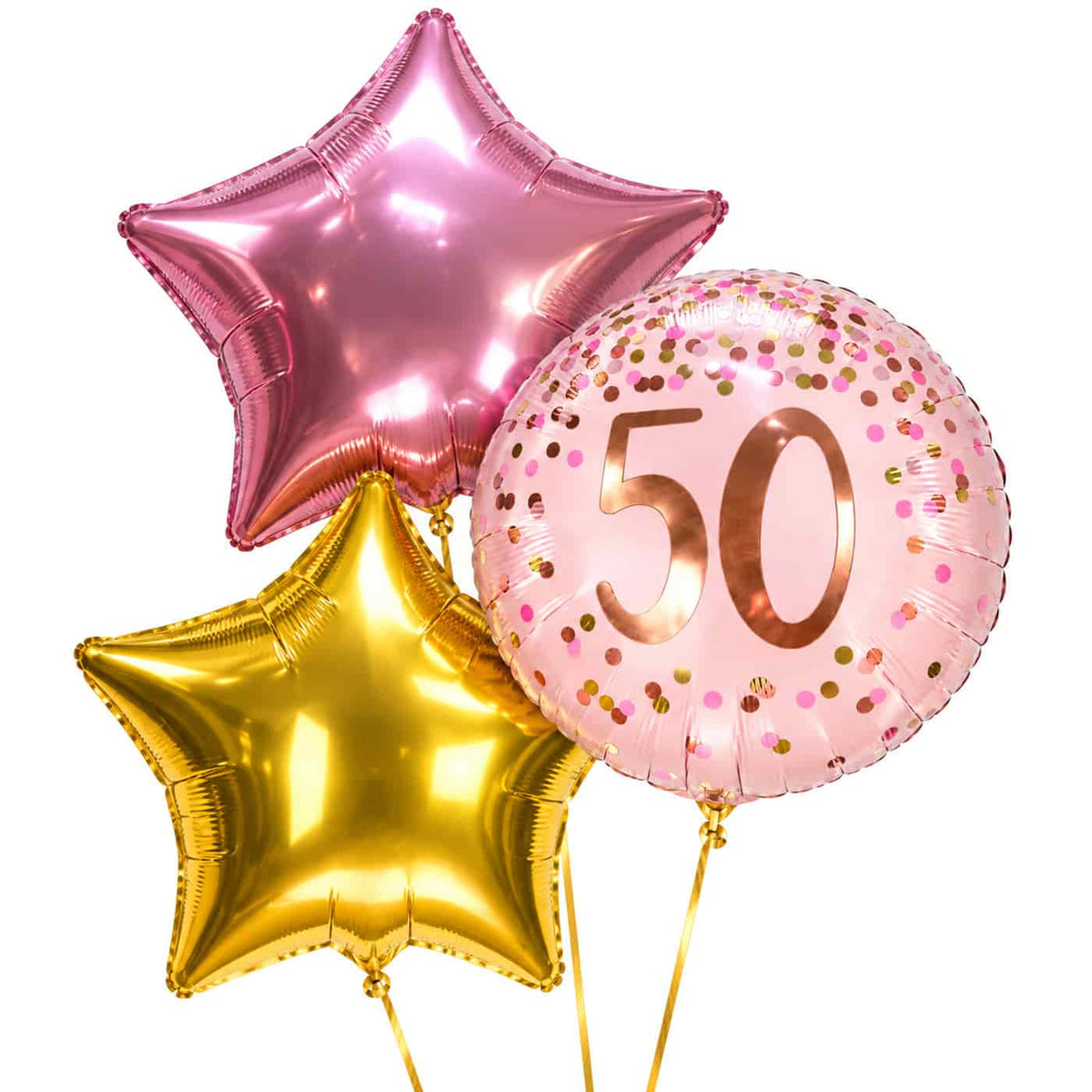 50 Jaar Trosje Roze/Goud/Rose Goud – drie heliumgevulde ballonnen van 46 cm met gouden lintjes