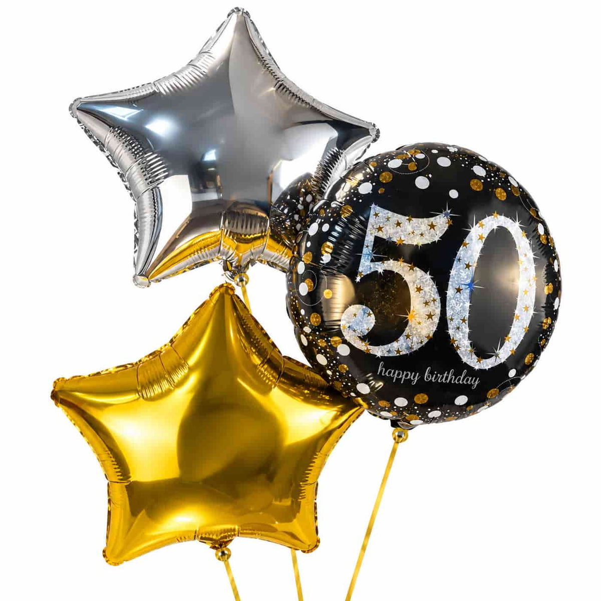 50 Jaar Trosje Zilver/Zwart/Goud – heliumgevulde ballonnen met dunne gouden lintjes op een witte achtergrond