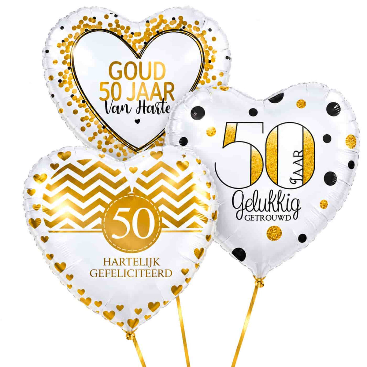 50 Jarig Huwelijk Trosje Goud – heliumgevulde ballonnen met dunne gouden lintjes op een witte achtergrond
