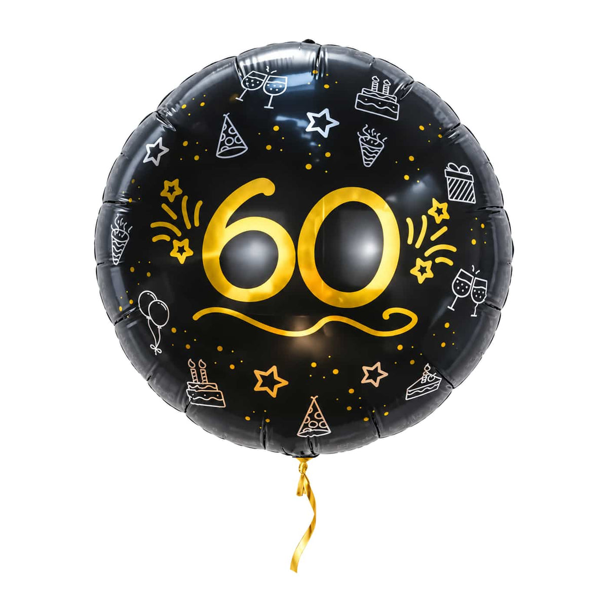 60 Ballon Zwart/Zilver/Goud – met helium gevuld, met gouden lint