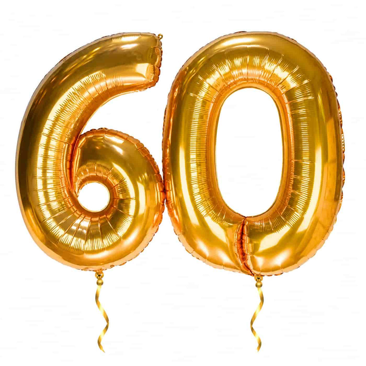 60 Jaar Cijfer Ballonnen Goud – heliumgevulde ballonnen met dunne gouden lintjes op een witte achtergrond