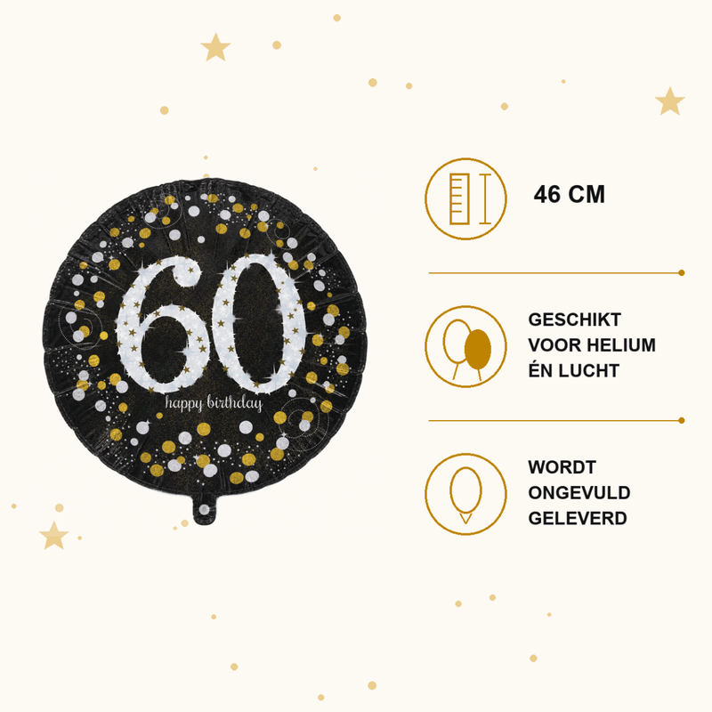 60 Jaar Folie Ballon Zwart/Zilver/Goud - 46 cm - Ballonnenshop.nl