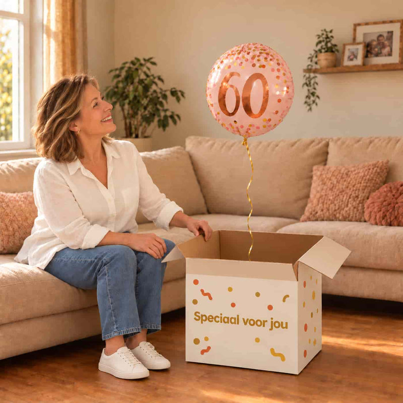 Vrouw viert haar 60e verjaardag met een roze heliumballon uit een cadeaudoos van Ballonnenshop.nl