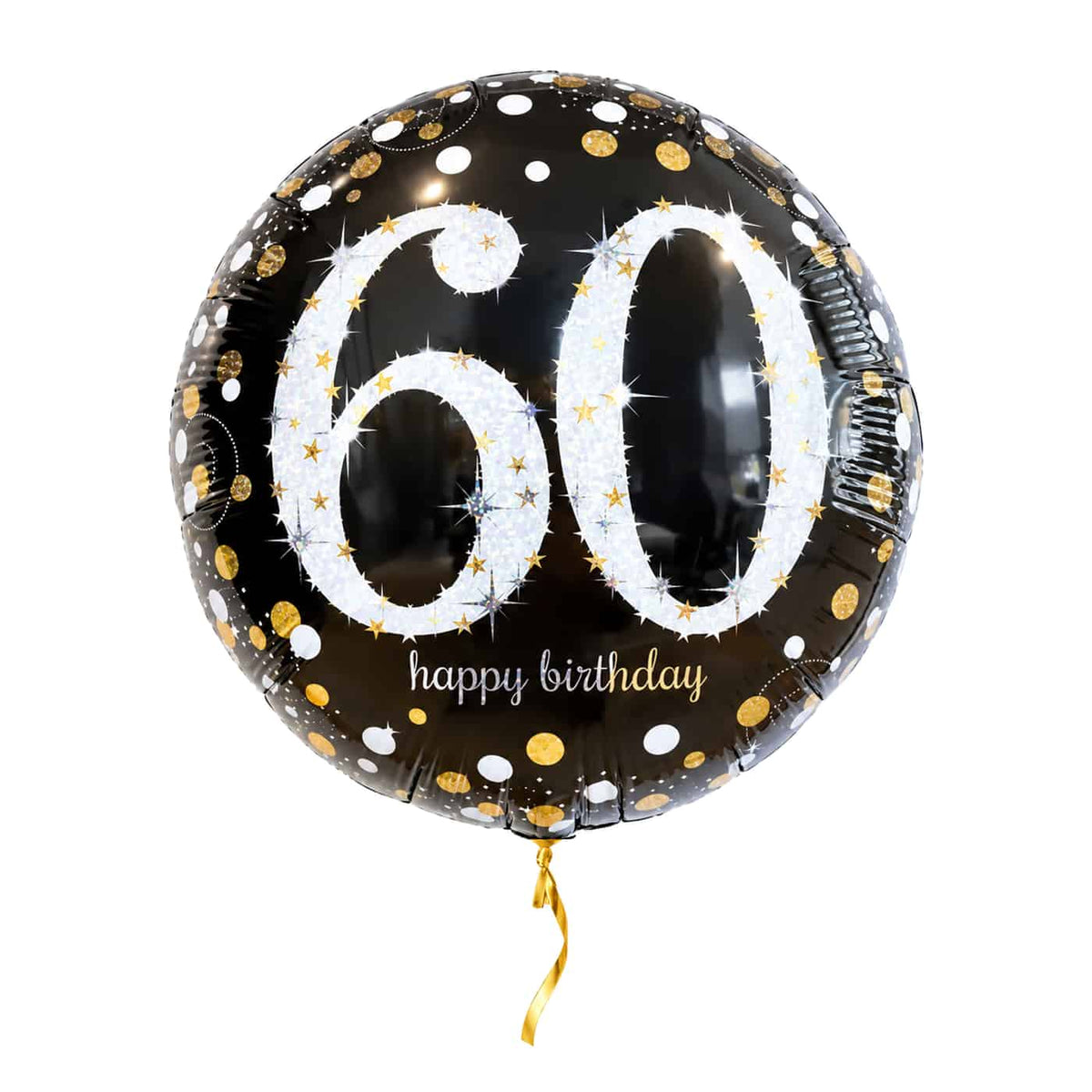 60 Jaar Ballon Zwart/Zilver/Goud – met helium gevuld, met gouden lint