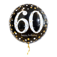60 Jaar Ballon Zwart/Zilver/Goud – met helium gevuld, met gouden lint