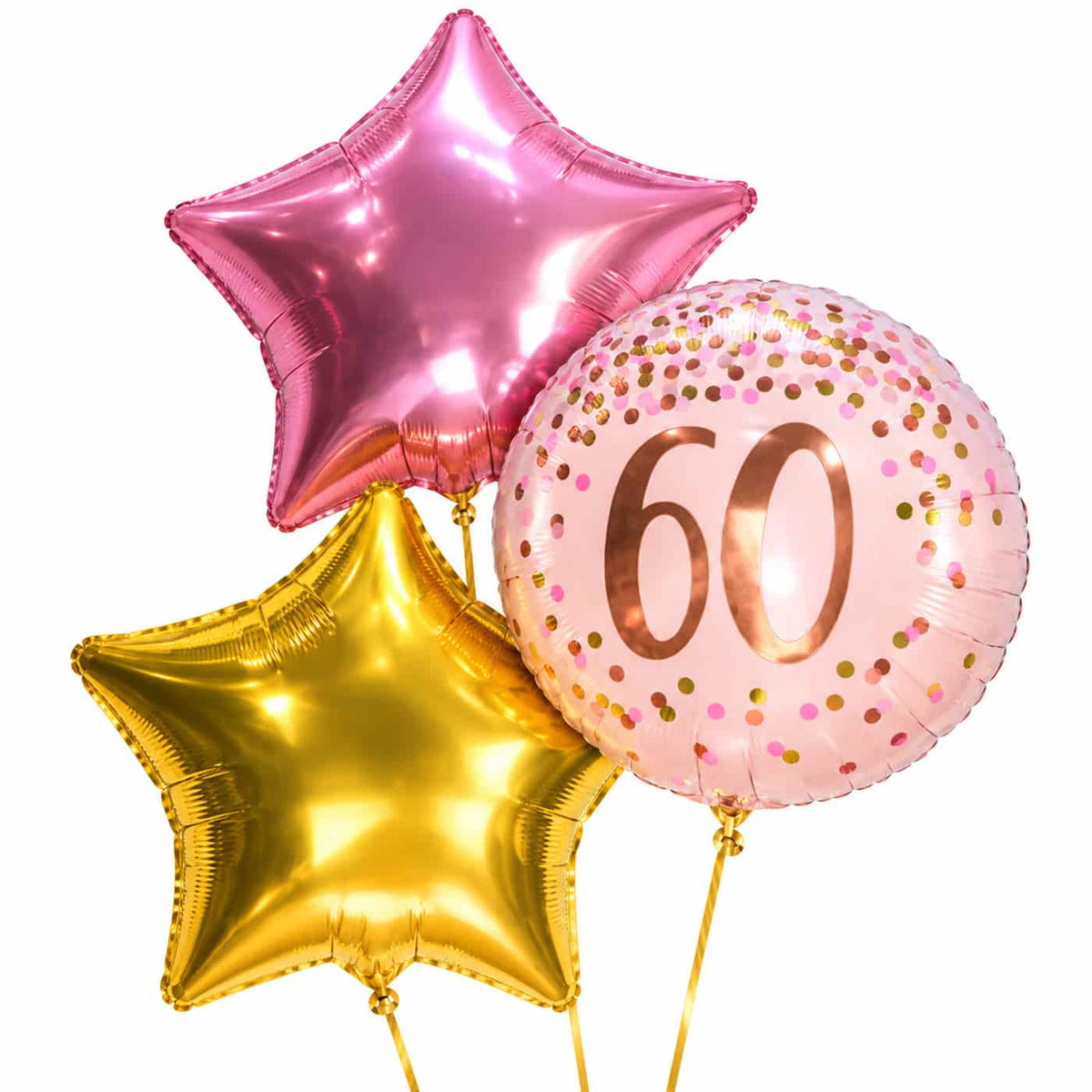 60 Jaar Trosje Roze/Goud/Rose Goud – heliumgevulde ballonnen met dunne gouden lintjes op een witte achtergrond