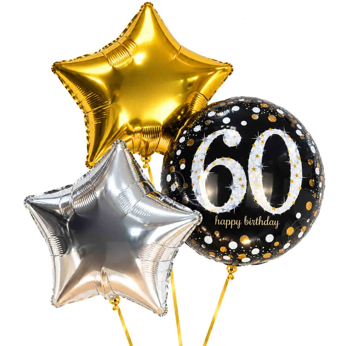 60 Jaar Trosje Zilver/Zwart/Goud – heliumgevulde ballonnen met dunne gouden lintjes op een witte achtergrond