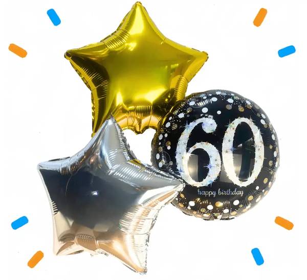 60 Jaar Trosje Zilver/Zwart/Goud - Gevuld Met Helium - 46 cm - Ballonnenshop.nl