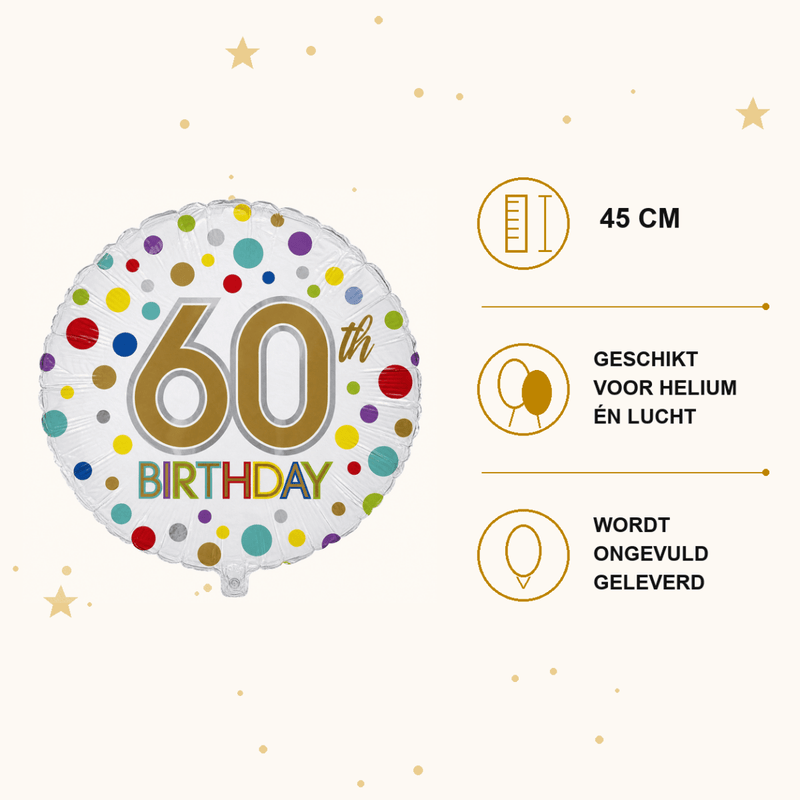 60th Birthday Gekleurd Folie Ballon - 45 cm - Ballonnenshop.nl