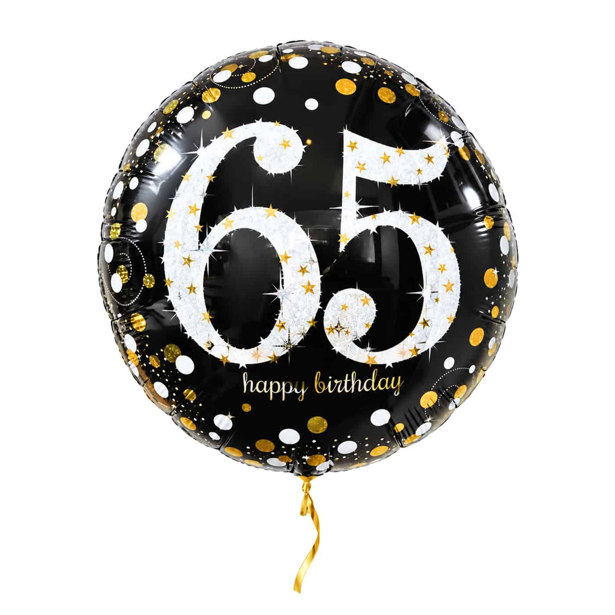 65 Jaar Ballon Zwart/Zilver/Goud – met helium gevuld, met gouden lint