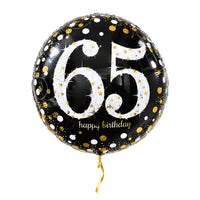 65 Jaar Ballon Zwart/Zilver/Goud – met helium gevuld, met gouden lint