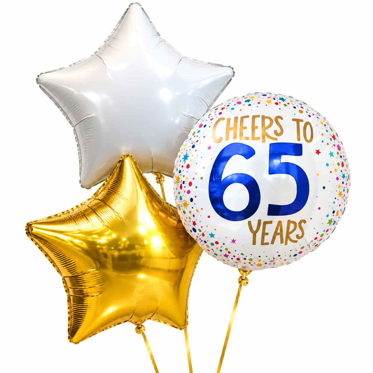 65 Jaar Trosje Wit/Goud/Blauw – heliumgevulde ballonnen met dunne gouden lintjes op een witte achtergrond