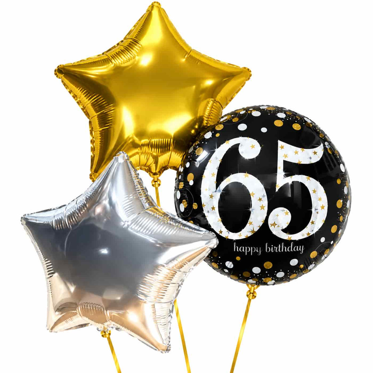 65 Jaar Trosje Zilver/Zwart/Goud – heliumgevulde ballonnen met dunne gouden lintjes op een witte achtergrond