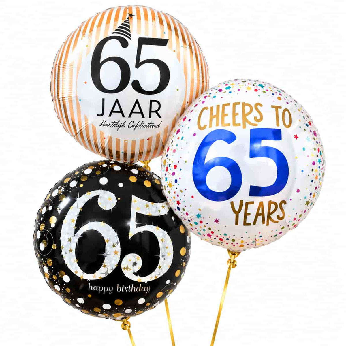 65 Jaar Trosje Zwart/Goud/Zilver/Blauw – heliumgevulde ballonnen met dunne gouden lintjes op een witte achtergrond