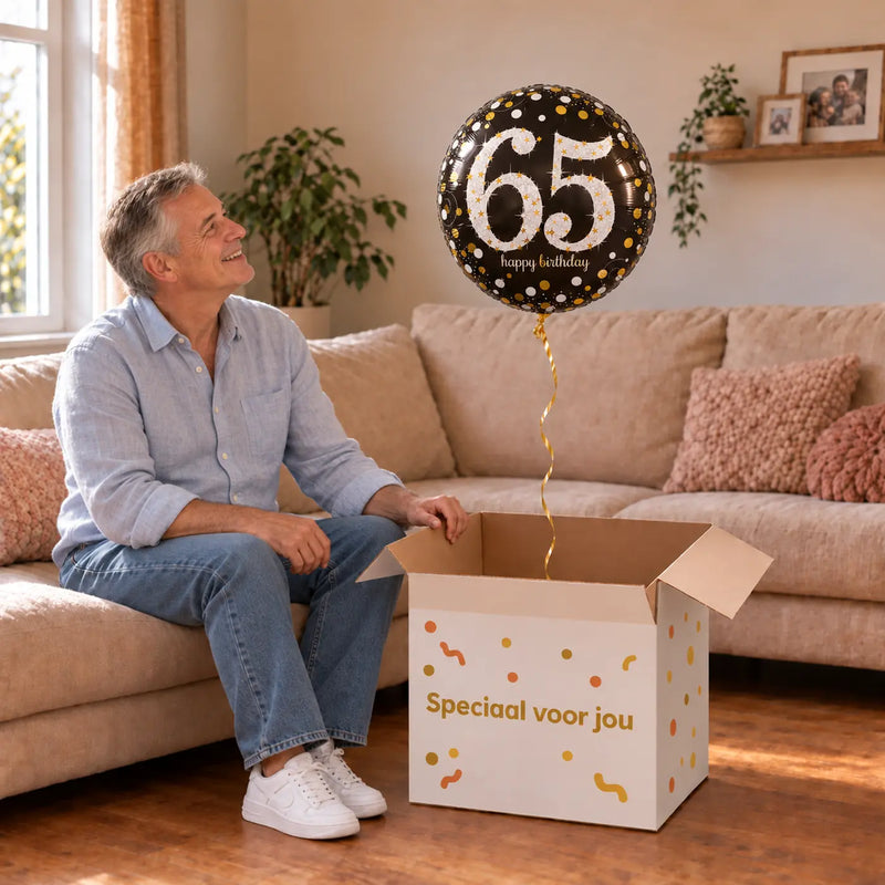 Man viert 65 jaar met 65 Jaar Ballon Zwart/Zilver/Goud uit een cadeaudoos van Ballonnenshop.nl