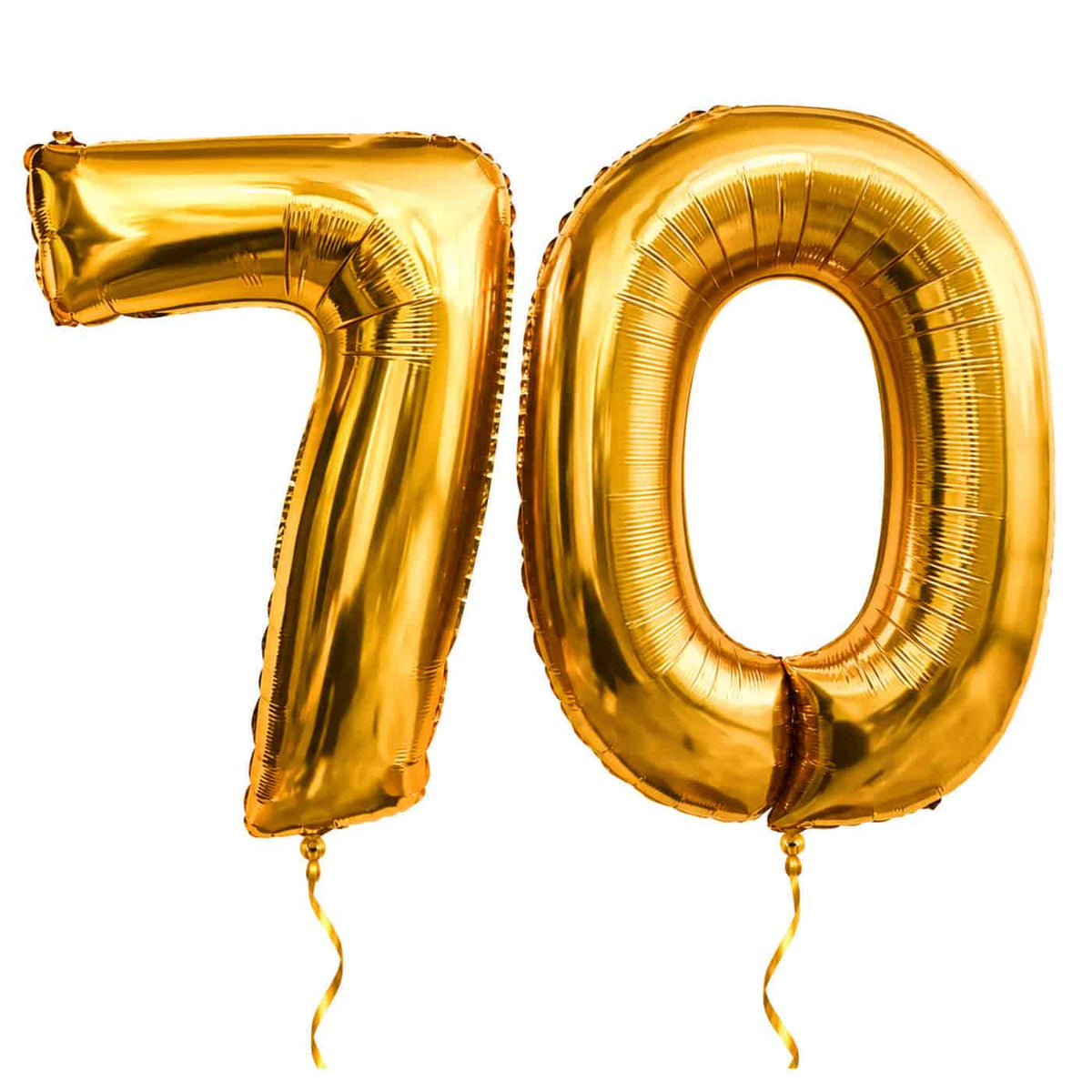 70 Jaar Cijfer Ballonnen Goud – heliumgevulde ballonnen met dunne gouden lintjes op een witte achtergrond