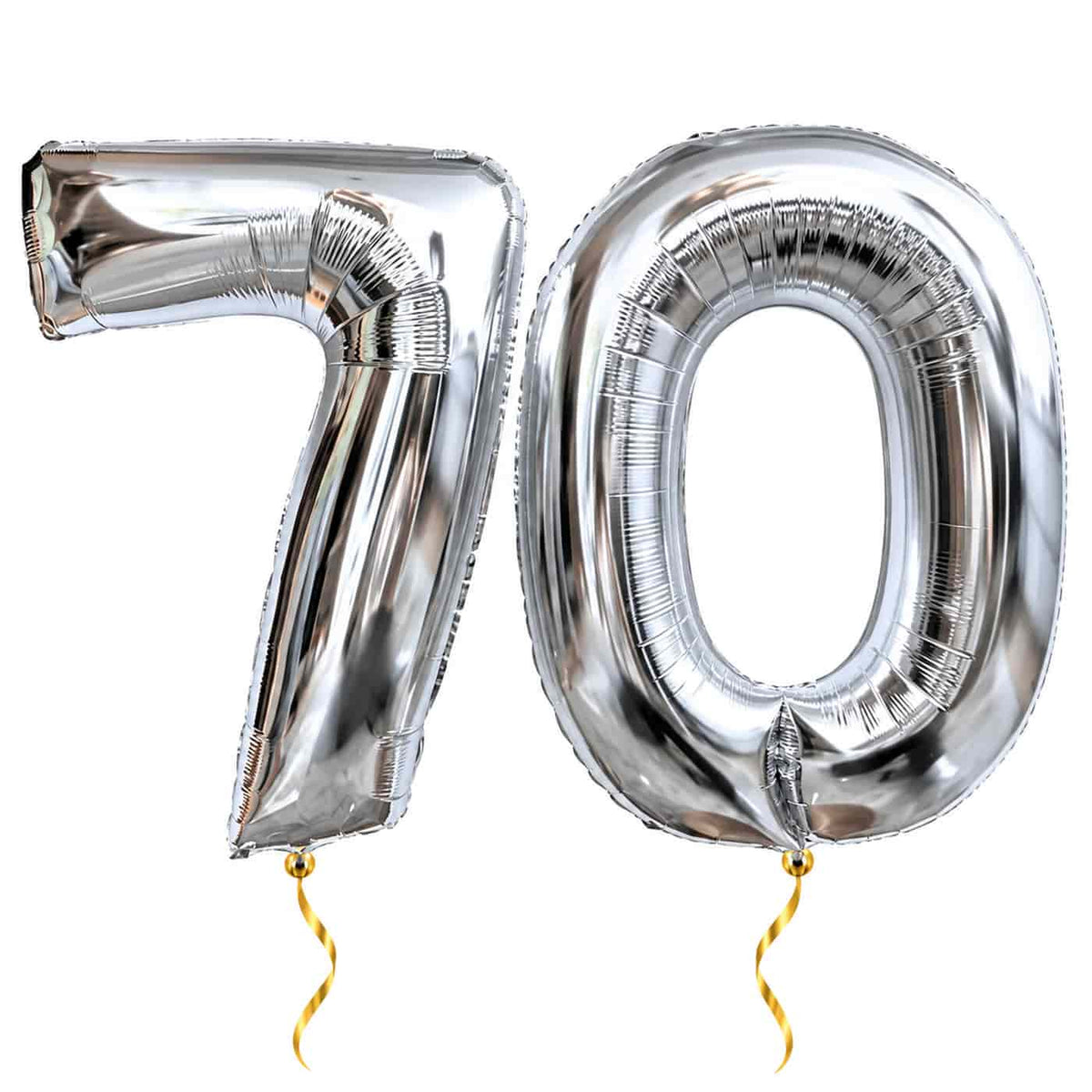 70 Jaar Cijfer Ballonnen Zilver – heliumgevulde ballonnen met dunne gouden lintjes op een witte achtergrond
