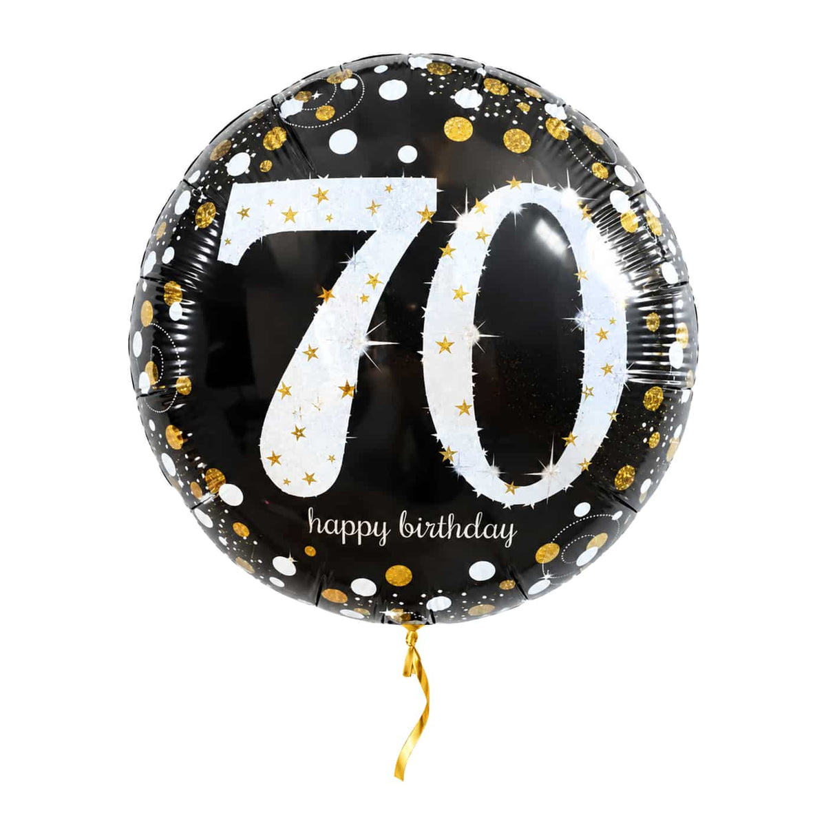 70 Jaar Ballon Zwart/Zilver/Goud – met helium gevuld, met gouden lint