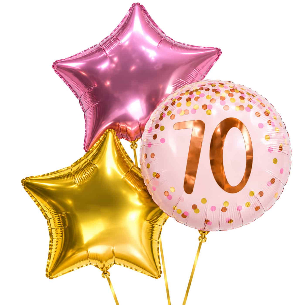 70 Jaar Trosje Roze/Goud/Rose Goud – heliumgevulde ballonnen met dunne gouden lintjes op een witte achtergrond