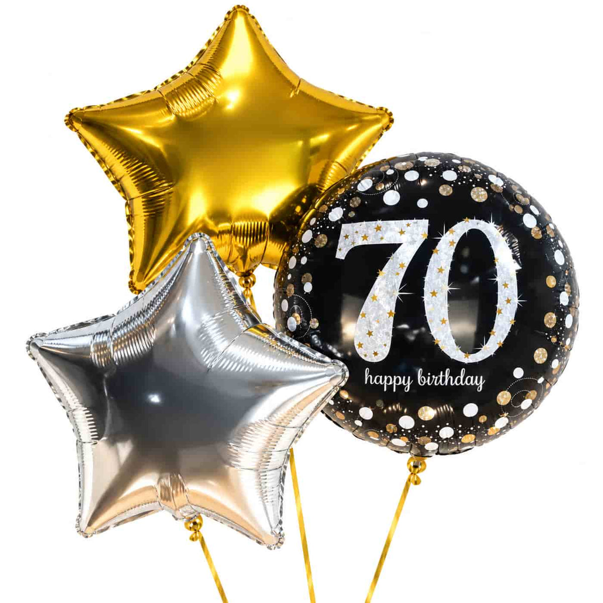 70 Jaar Trosje Zilver/Zwart/Goud – heliumgevulde ballonnen met dunne gouden lintjes op een witte achtergrond