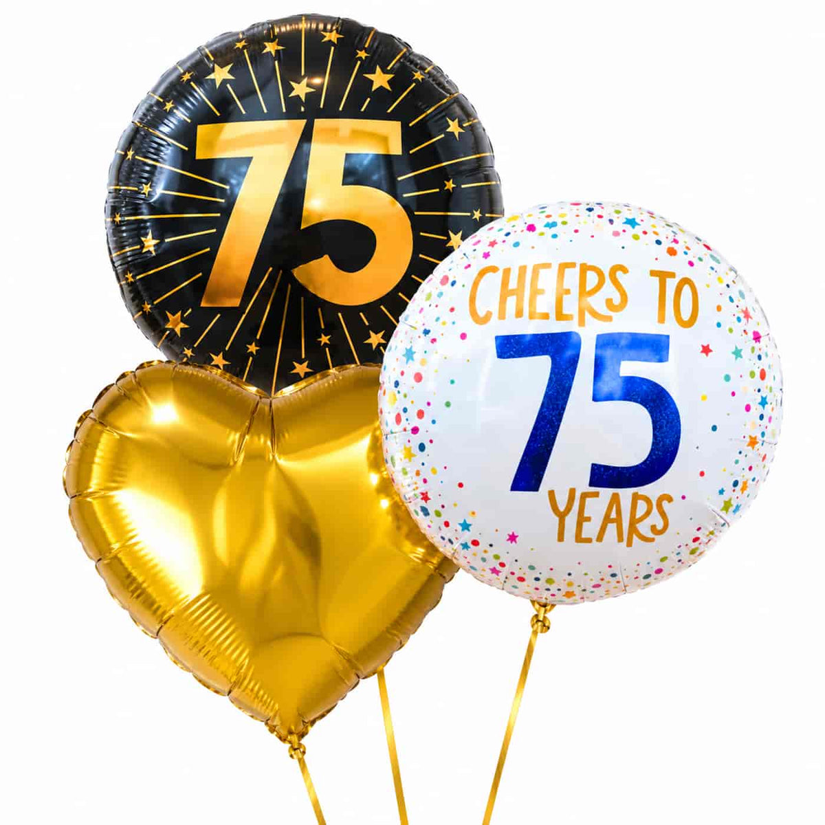 75 Jaar Trosje Goud/Zwart/Wit – heliumgevulde ballonnen met dunne gouden lintjes op een witte achtergrond