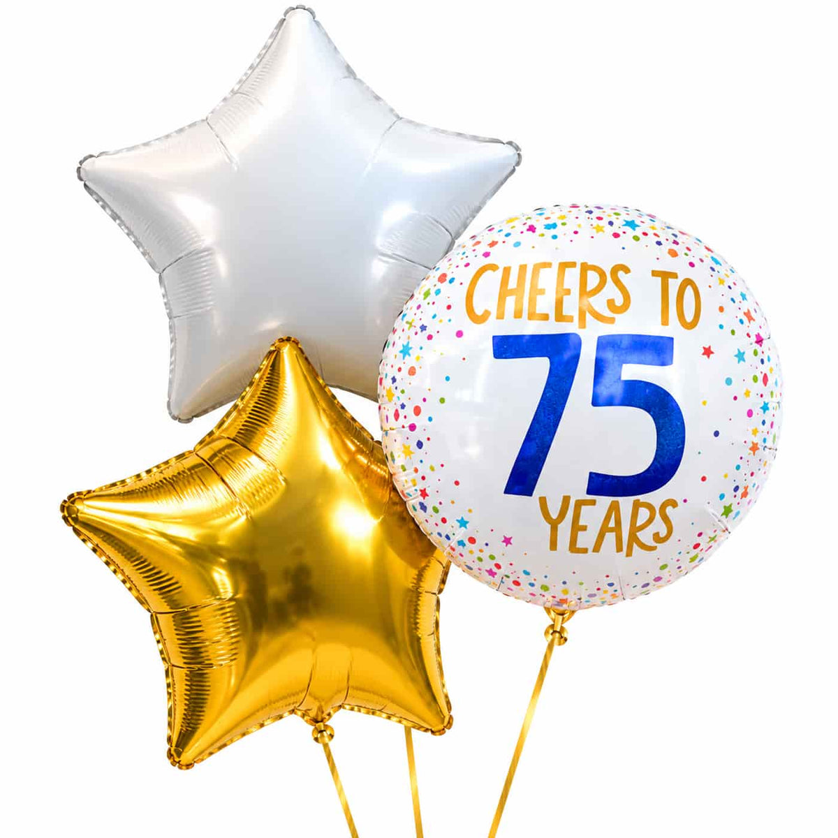75 Jaar Trosje Wit/Goud/Blauw – heliumgevulde ballonnen met dunne gouden lintjes op een witte achtergrond