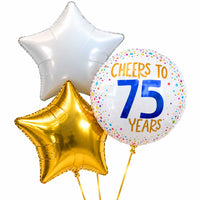 75 Jaar Trosje Wit/Goud/Blauw – heliumgevulde ballonnen met dunne gouden lintjes op een witte achtergrond