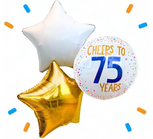 75 Jaar Trosje Wit/Goud/Blauw - Gevuld Met Helium - 46 cm - Ballonnenshop.nl