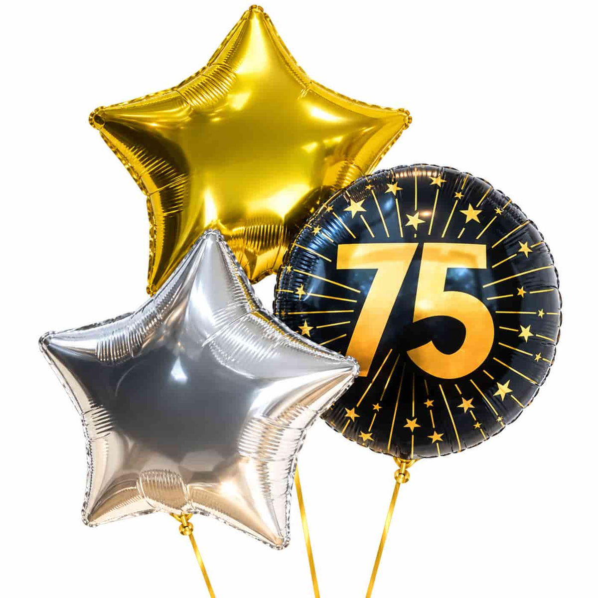 75 Jaar Trosje Zilver/Zwart/Goud – heliumgevulde ballonnen met dunne gouden lintjes op een witte achtergrond
