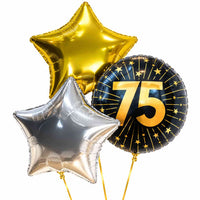 75 Jaar Trosje Zilver/Zwart/Goud – heliumgevulde ballonnen met dunne gouden lintjes op een witte achtergrond