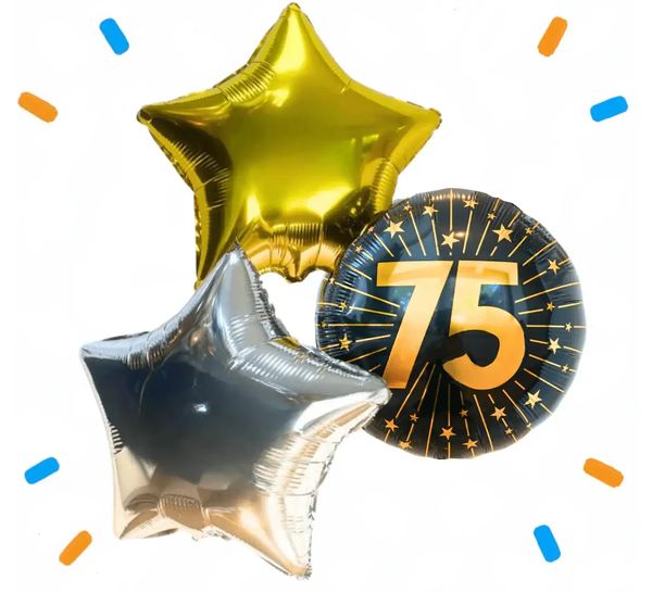 75 Jaar Trosje Zilver/Zwart/Goud - Gevuld Met Helium - 46 cm - Ballonnenshop.nl