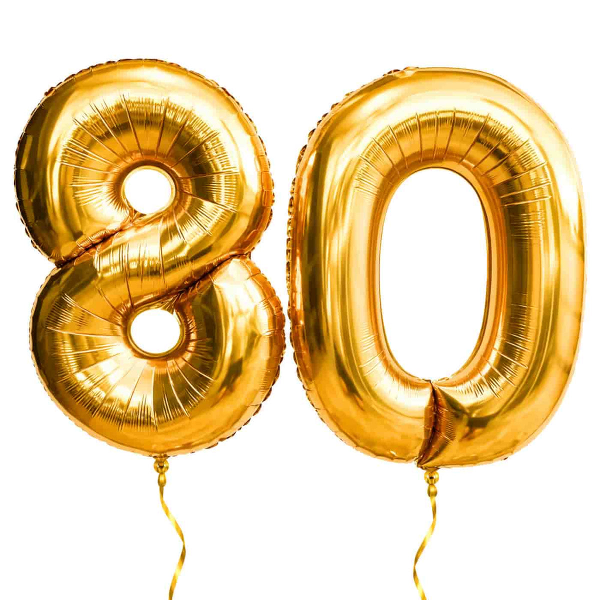 80 Jaar Cijfer Ballonnen Goud – heliumgevulde cijferballonnen 8 en 0 van 66 cm met gouden lintjes