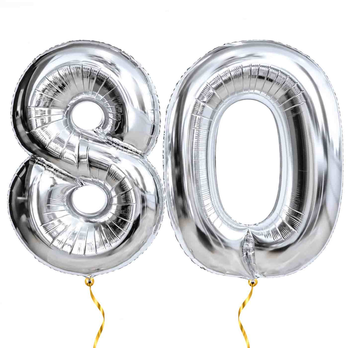 80 Jaar Cijfer Ballonnen Zilver – heliumgevulde cijferballonnen 8 en 0 van 66 cm met gouden lintjes