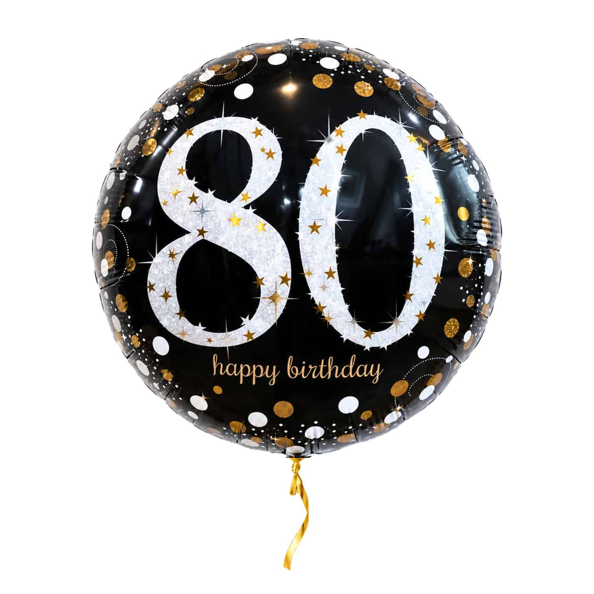 80 Jaar Ballon Zwart/Zilver/Goud – met helium gevuld, met gouden lint