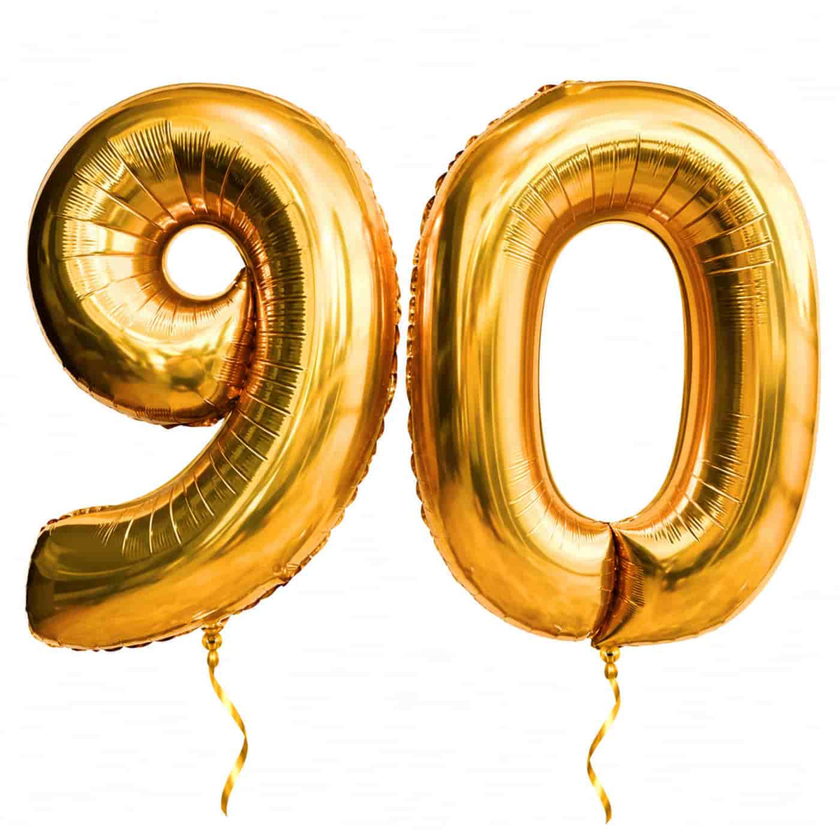 90 Jaar Cijfer Ballonnen Goud – heliumgevulde ballonnen met dunne gouden lintjes op een witte achtergrond