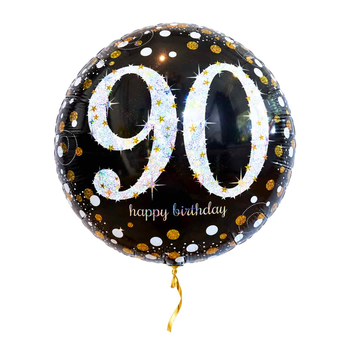 90 Jaar Ballon Zwart/Zilver/Goud – met helium gevuld, met gouden lint