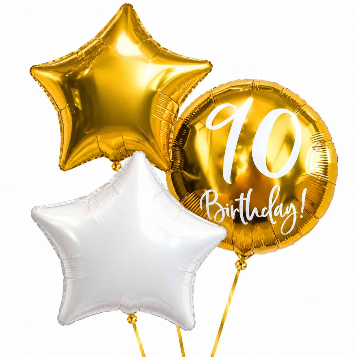 90 Jaar Trosje wit/Goud – heliumgevulde ballonnen met dunne gouden lintjes op een witte achtergrond