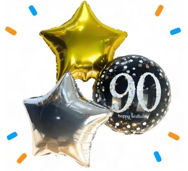 90 Jaar Trosje Zilver/Zwart/Goud - Gevuld Met Helium - 46 cm - Ballonnenshop.nl
