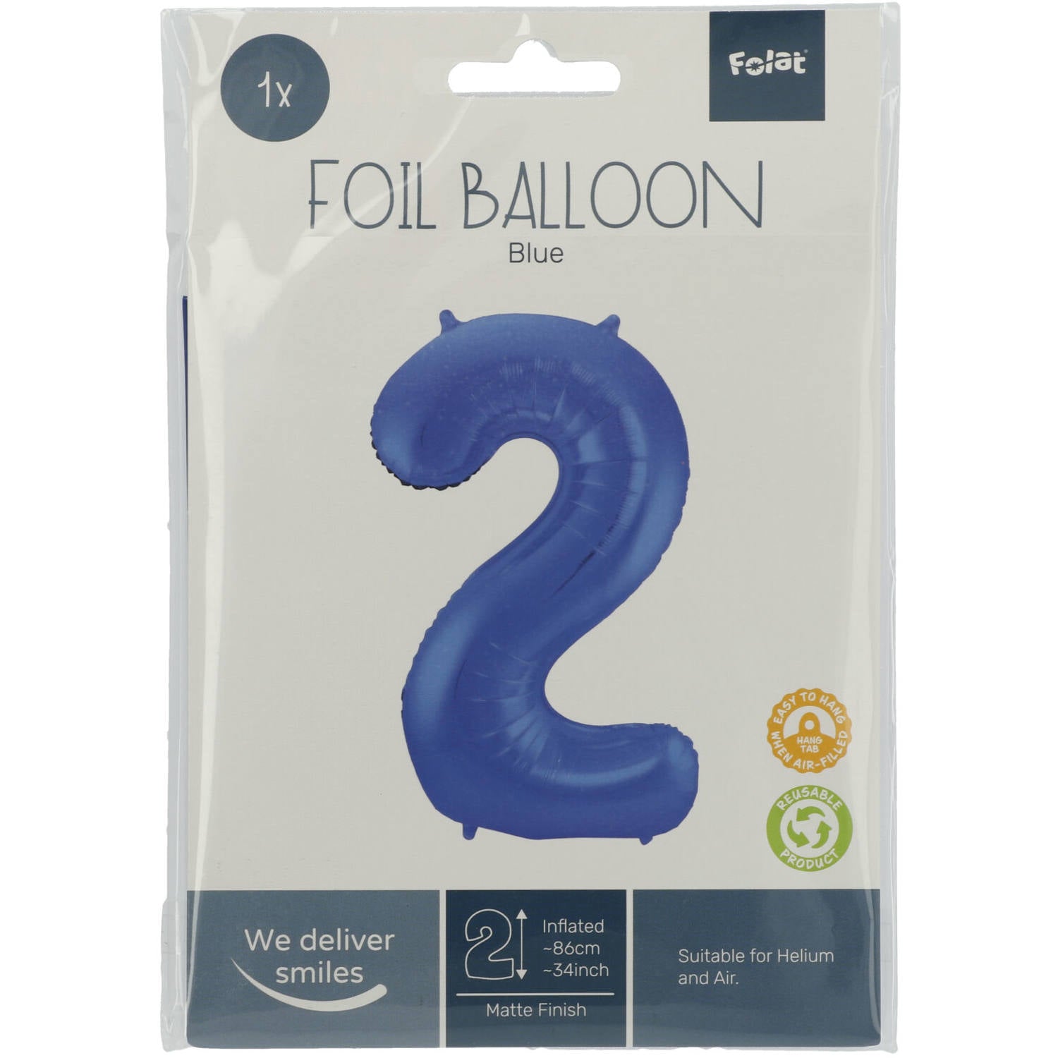 Cijfer Ballon 2 - Mat Blauw - 86 cm