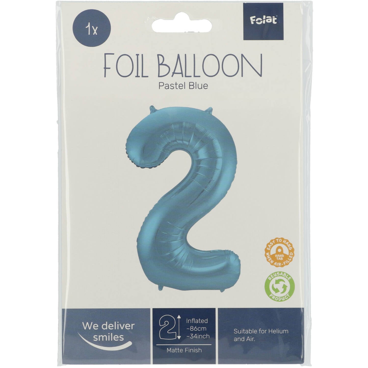 Cijfer Ballon 2 - Pastel Blauw - 86 cm