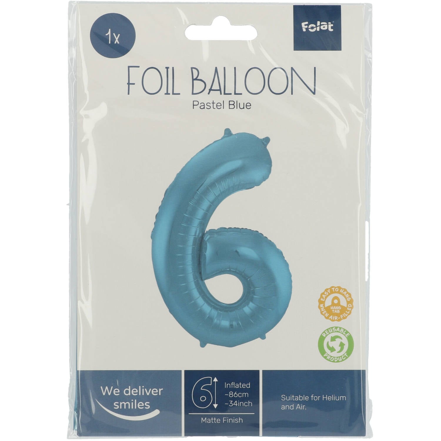 Cijfer Ballon 6 - Pastel Blauw - 86 cm