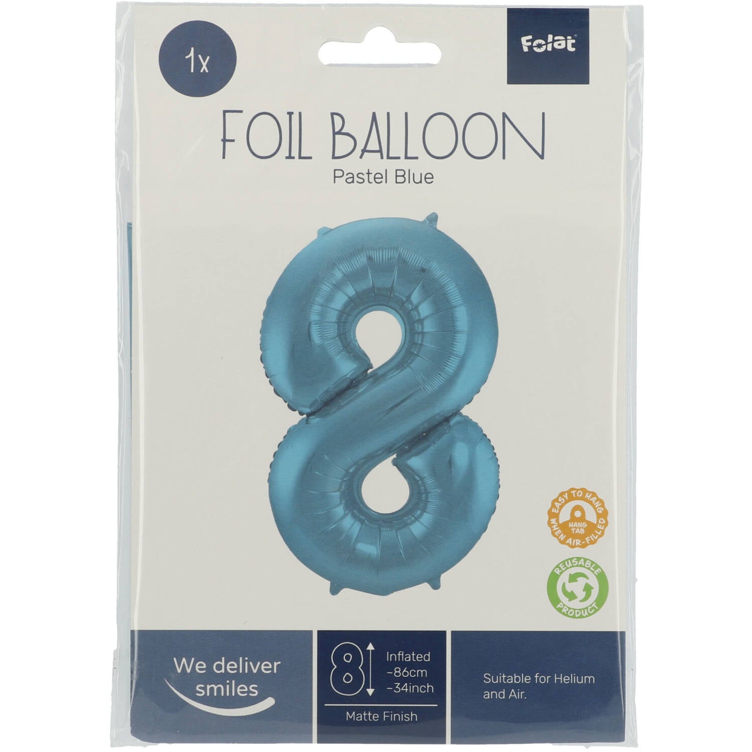 Cijfer Ballon 8 - Pastel Blauw - 86 cm