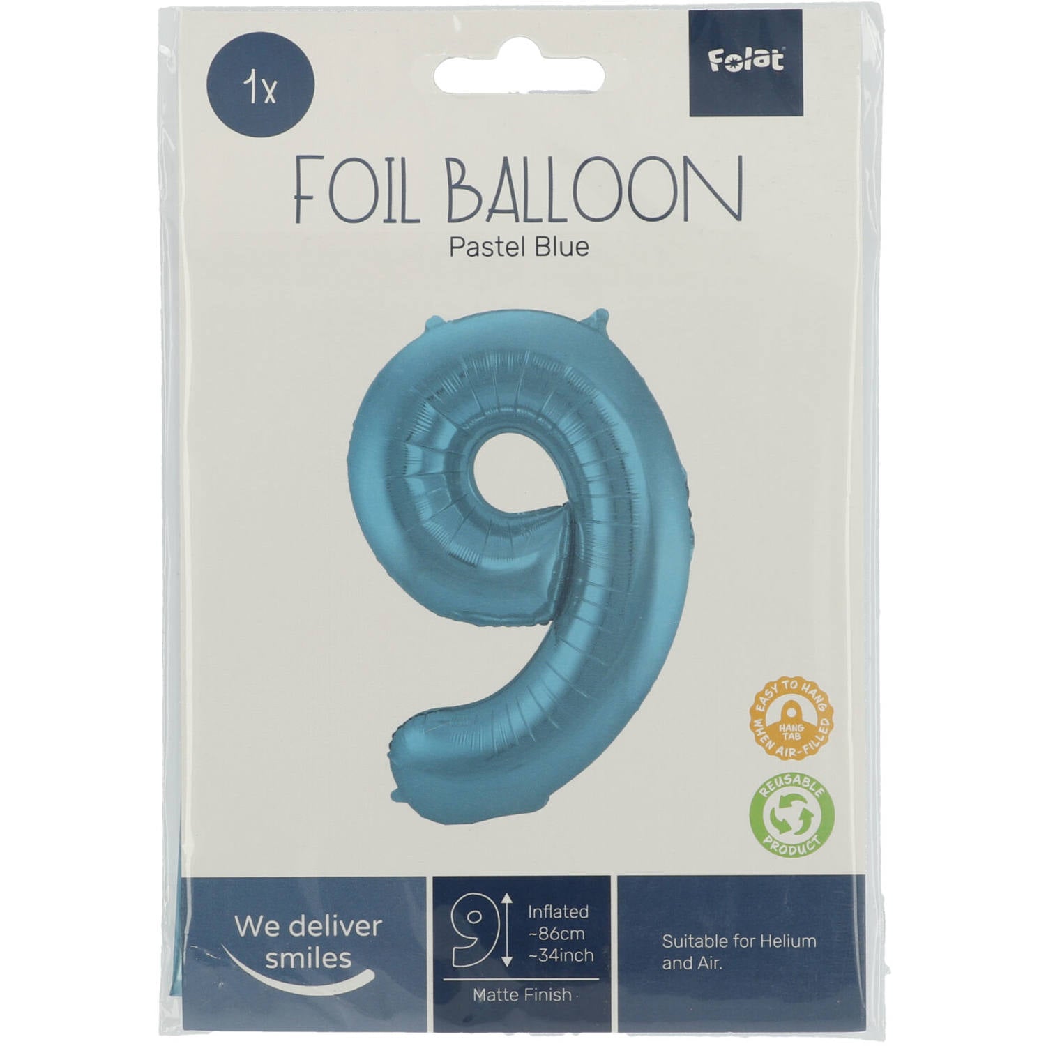 Cijfer Ballon 9 - Pastel Blauw - 86 cm