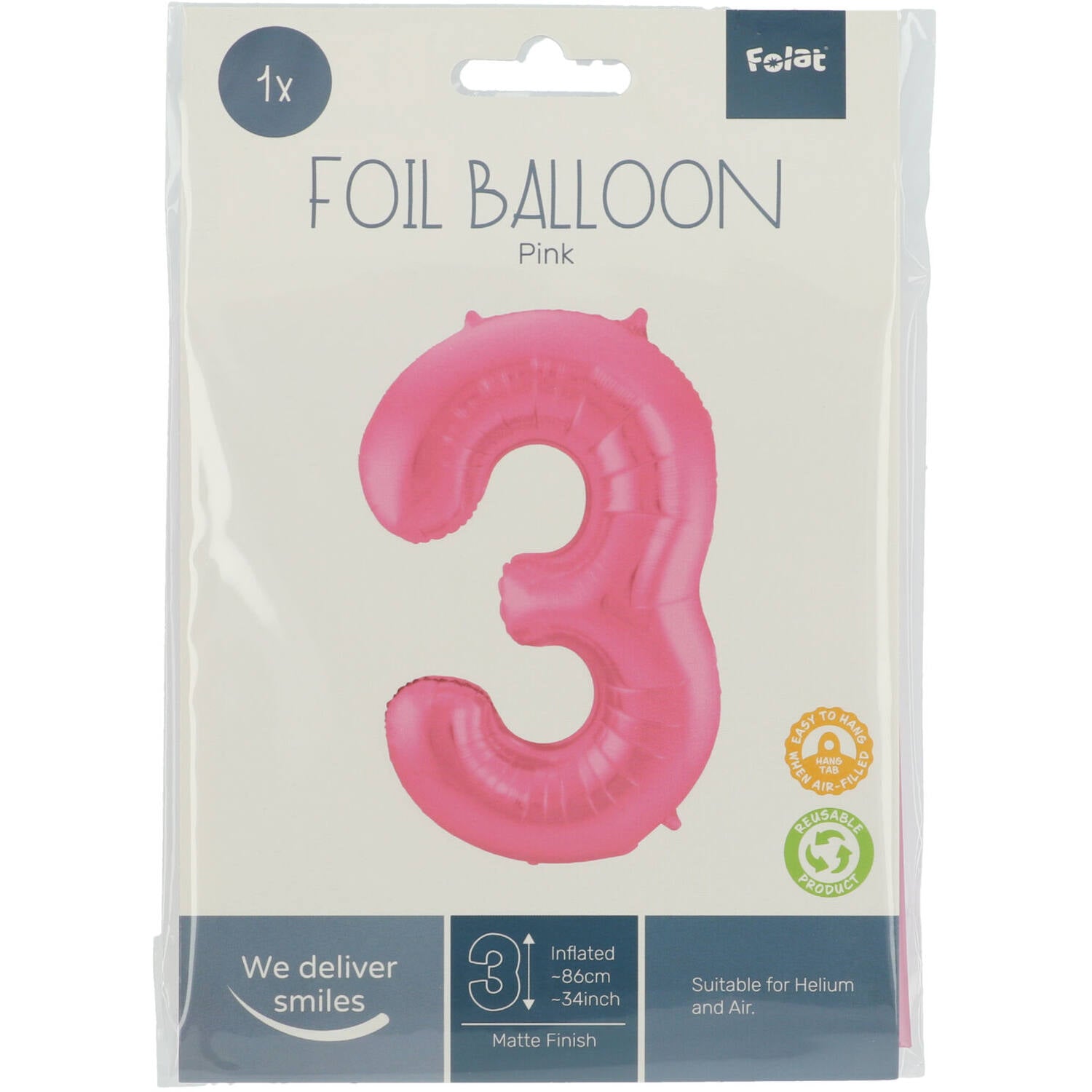 Cijfer Ballon 3 - Mat Roze - 86 cm